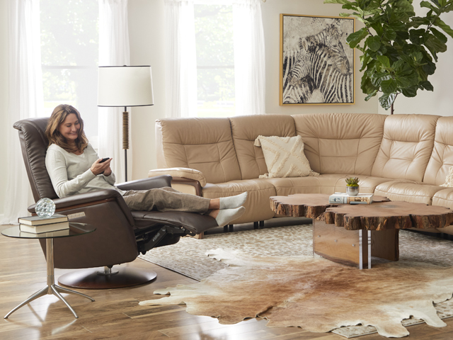 Introduced in 2020, the Stressless® Max recliner has state-of-the-art technology underneath the supple, voluminous shapes. Soft and calming rocking motions offer instant comfort as you sit down. The Stressless® Mary is a truly sumptuous sofa with gentle curves and a generous look that will never go out of style. Its cushioning is extra supple and soft for added indulgence, and individual seat modules can be fitted with motors for effortless adjusting of the back and leg support.