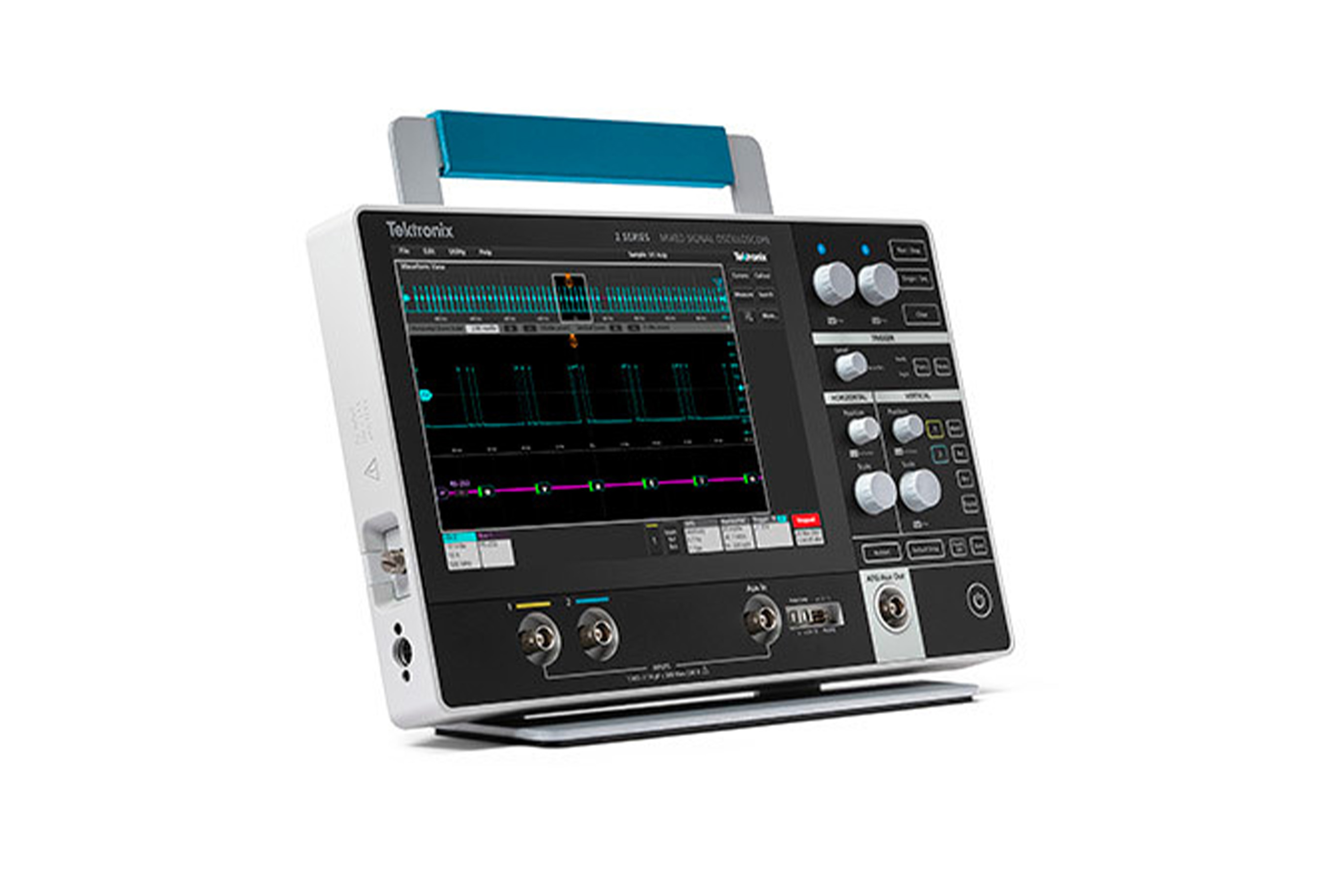 The 2 Series MSO has a modern streamlined appearance with a simplified front panel that contains fewer knobs and buttons to create the most approachable oscilloscope on the market.