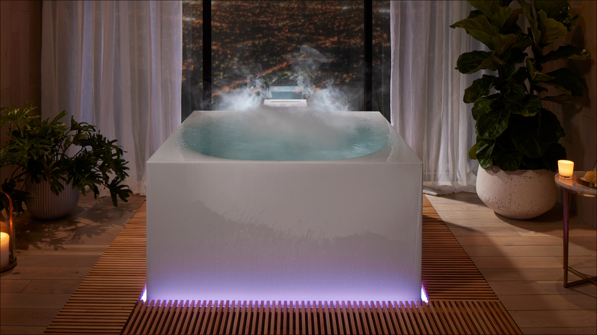 Stillness bath, which offers an entrancing bathing experience through the combination of water, aromatherapy, lights, and fog, is inspired by Japanese forest bathing.