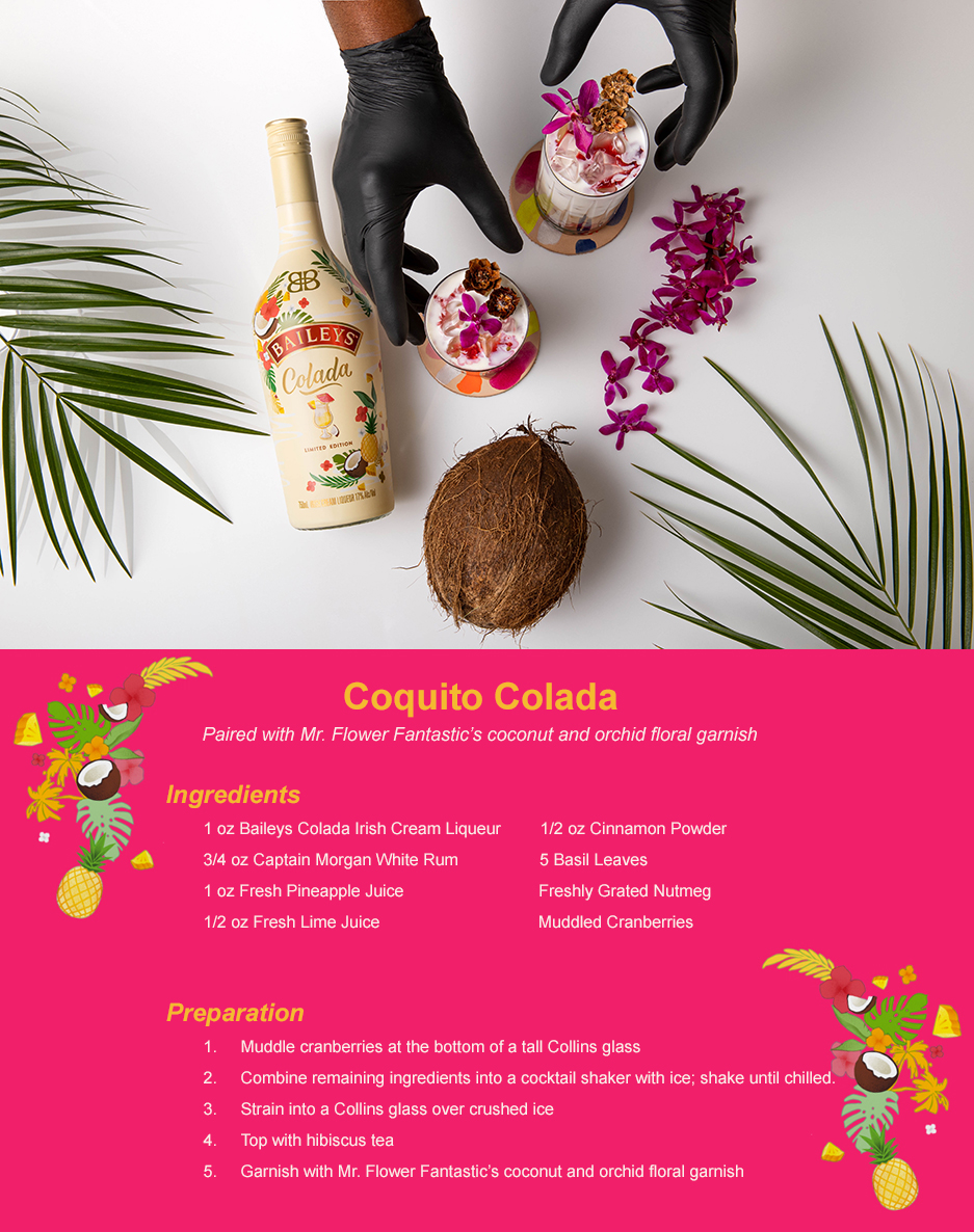 Coquito Colada paired with a coconut and orchid floral garnish