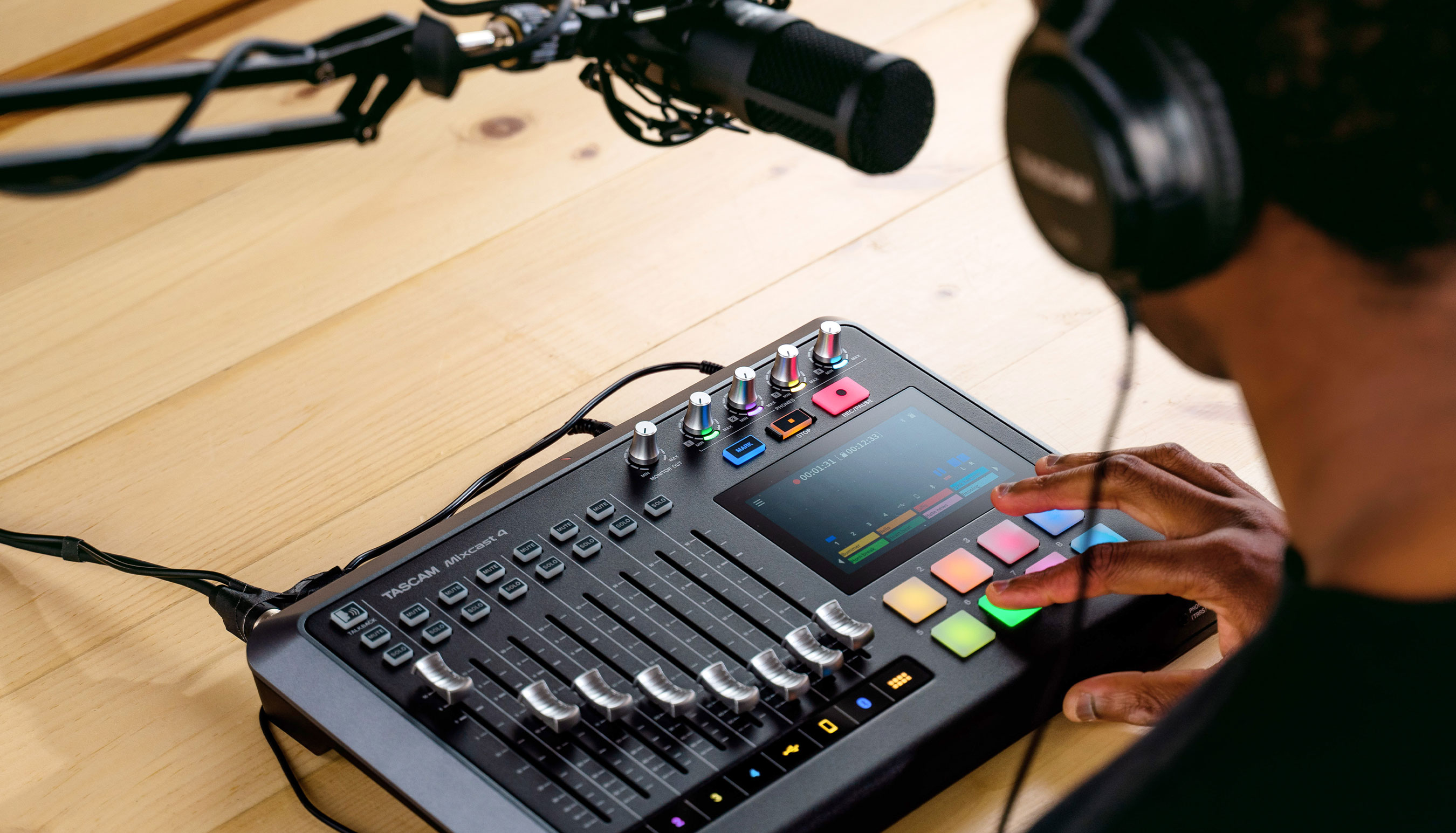 With four microphone channels, the Mixcast 4 can feature a microphone plugged into the front or back for the first input, plus three additional channels for guests or co-hosts.