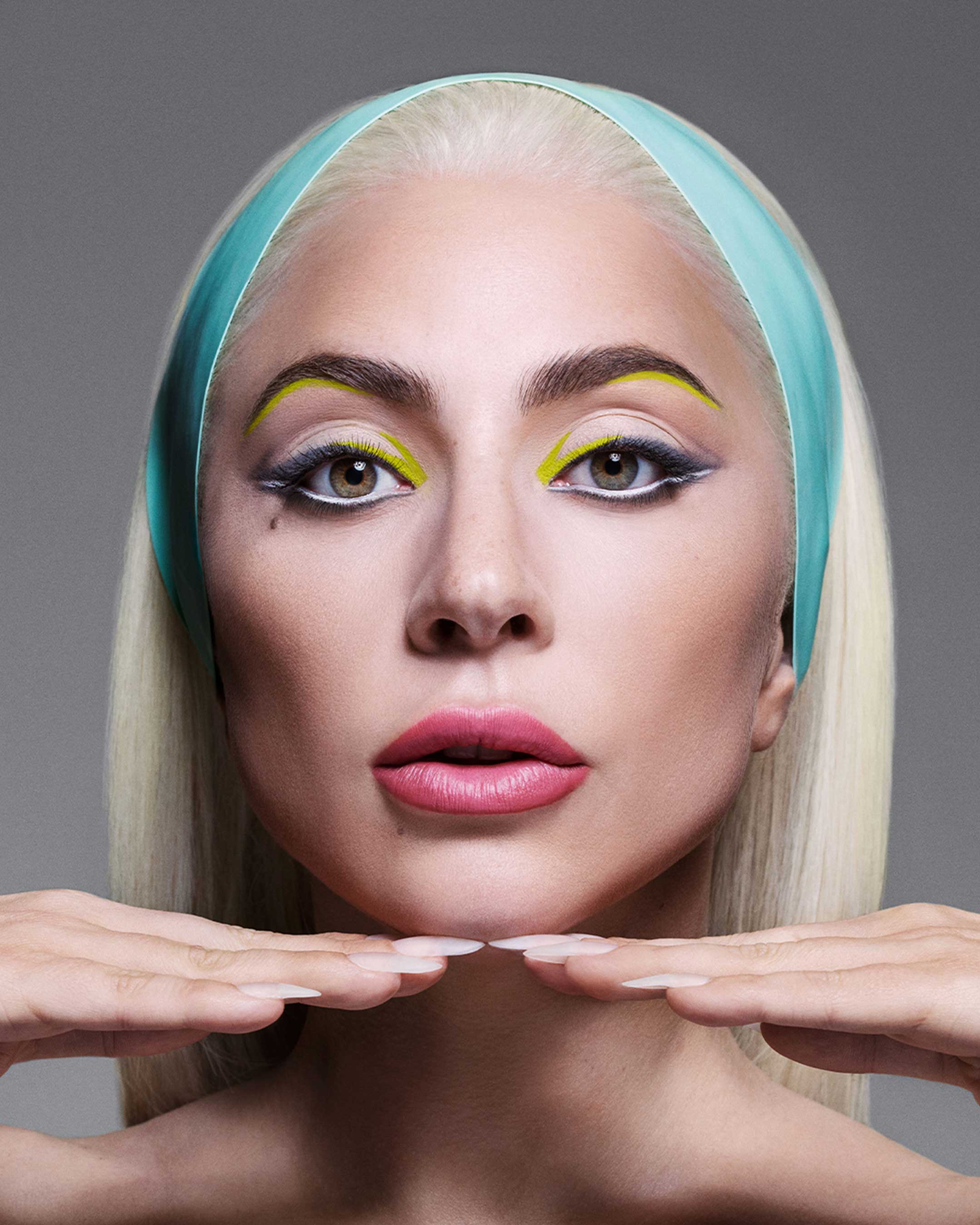 HAUS LABS BY LADY GAGA Founder Lady Gaga shot by Inez and Vinoodh, wearing Optic Intensity Eco Gel Eyeliners in Chartreuse Matte, Charcoal Matte and White Onyx Matte, and Le Monster Lip Crayon in Melon Matte. Shot By: Inez and Vinoodh