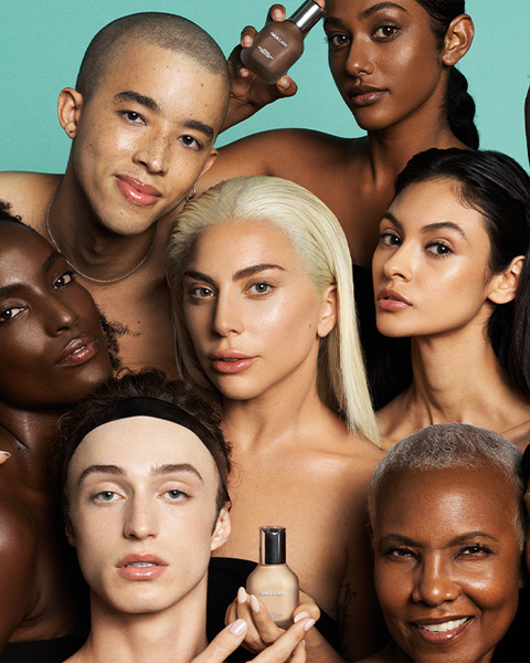 PHOTO CREDIT: Domen & Van de Velde / Haus Labs Founder Lady Gaga with Shade Models, all wearing Triclone Skin Tech Foundation, available in 51 shades