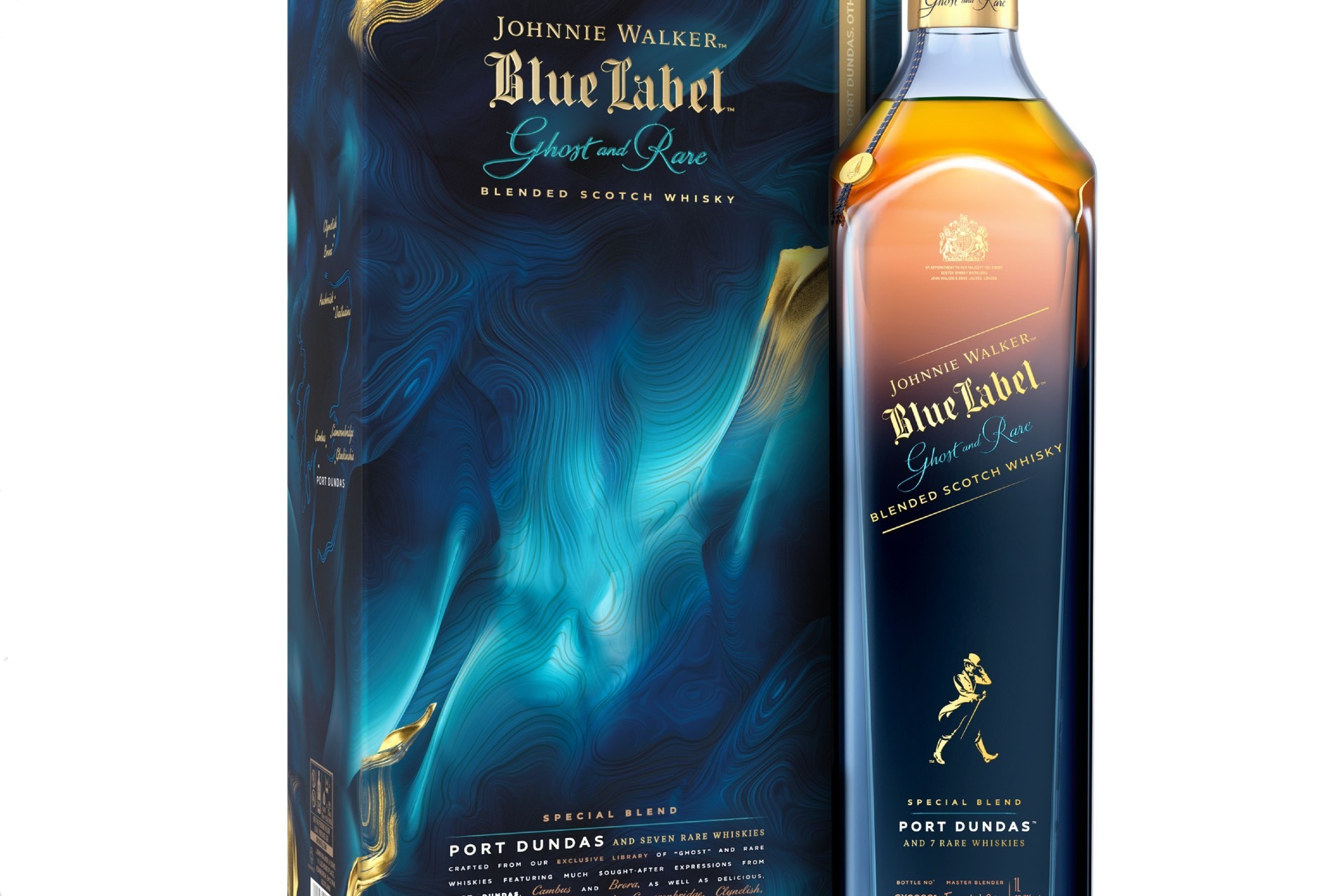 Johnnie Walker Blue Label Ghost and Rare Port Dundas Bottle with Pack