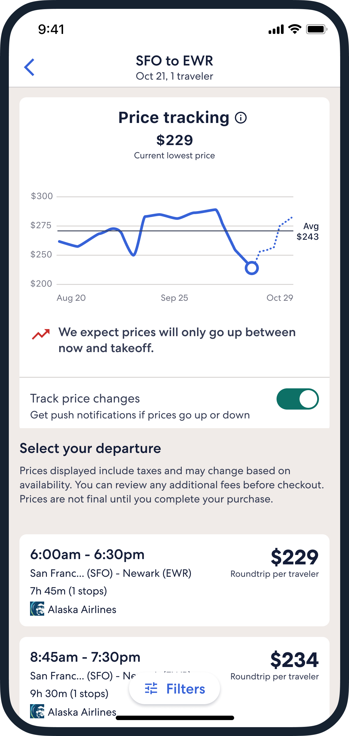 Expedia’s Price Tracking & Predictions feature uses decades of proprietary flight shopping data, AI, and machine learning to compare today’s flight price with historical price trends to help travelers make an informed decision on the best time to book their chosen route.