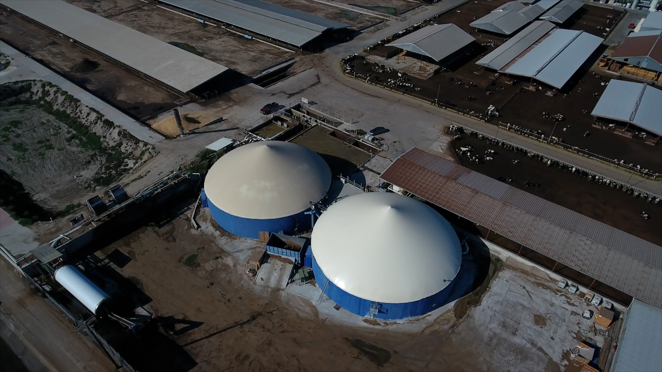 Arial view of methane digester, a focal point of sustainable dairy farming at Fiscalini Farms.
