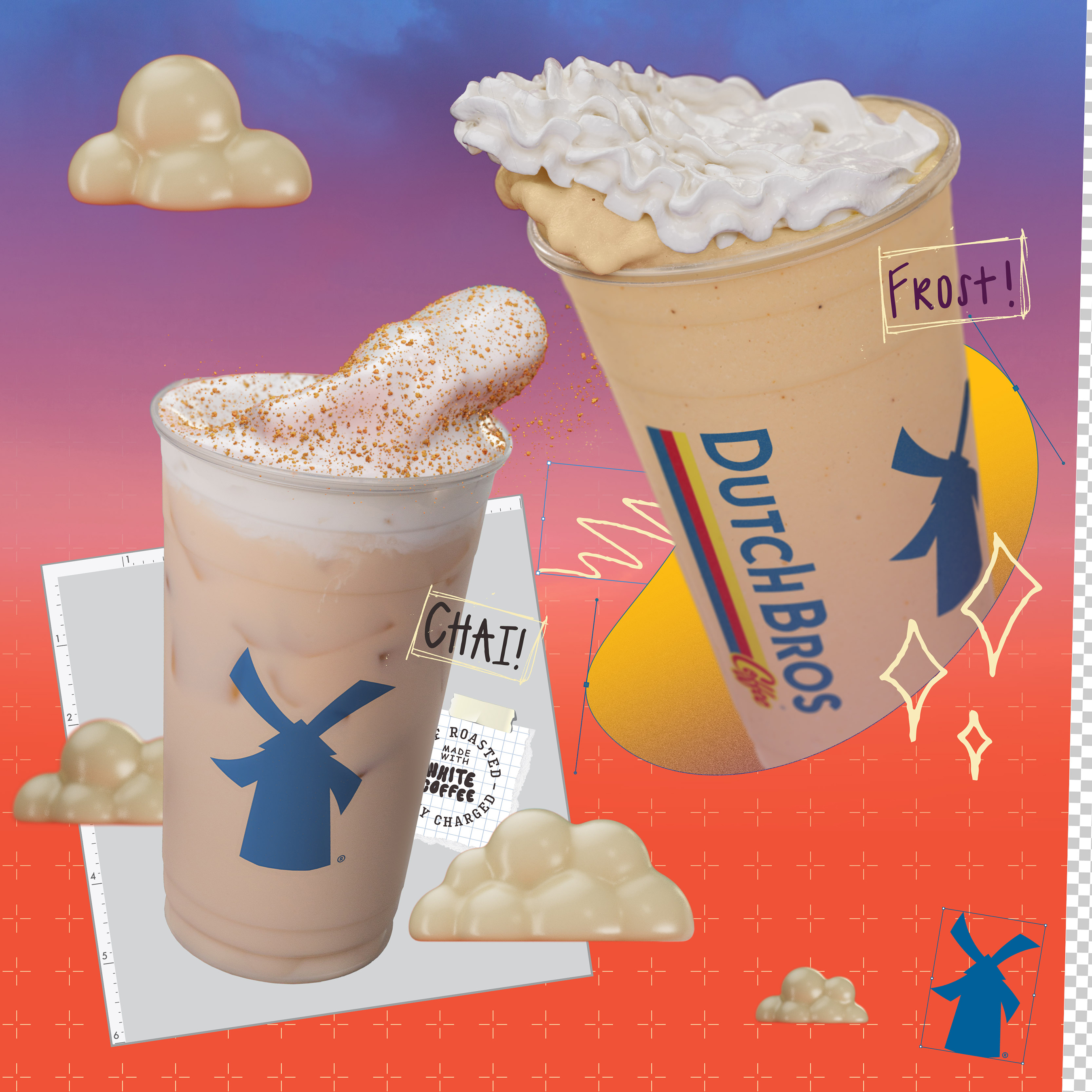 The Sweater Weather Chai features Dutch Bros Chai, a double shot of white coffee and white chocolate topped with Soft Top and cinnamon sprinks. The Pumpkin Pie Frost features pumpkin flavor in a frost (Dutch Bros’ version of a milkshake) and topped with whipped cream.