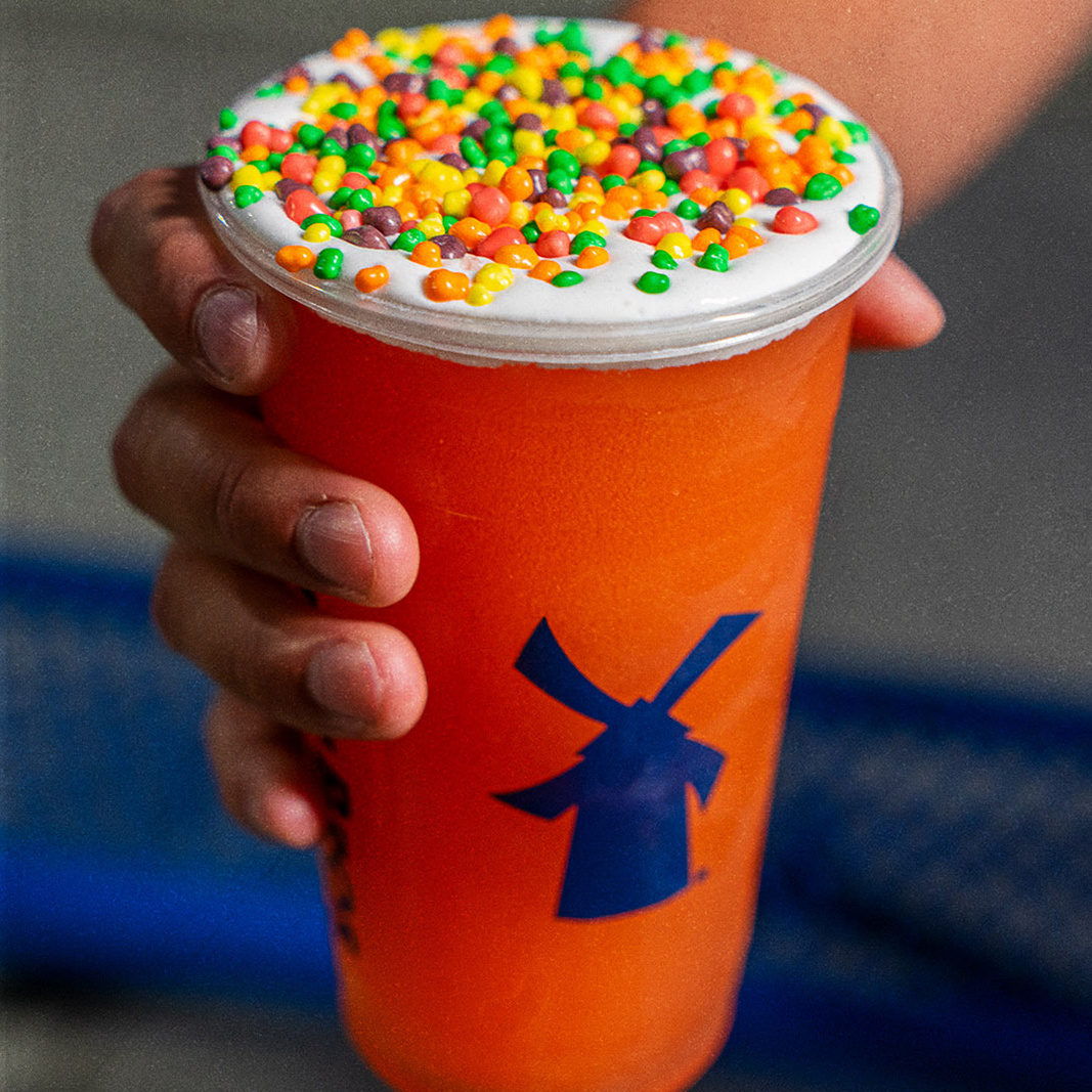 The Sour Candy Rebel features features a mix of Dutch Bros’ exclusive Rebel energy drink and sour candy and watermelon flavors, topped with Soft Top & Rainbow Candy