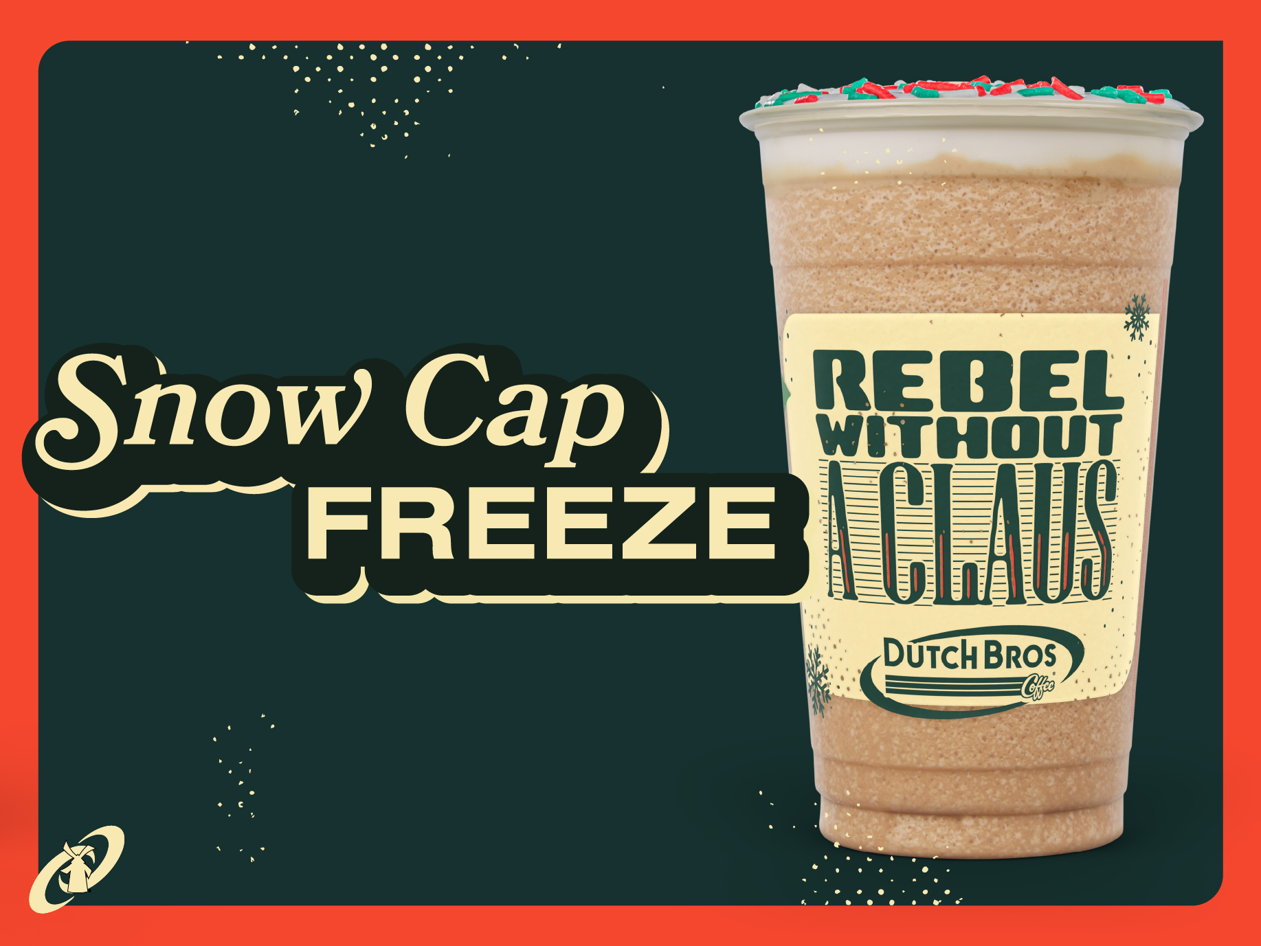 Snow Cap Freeze: The Snow Cap Freeze features cupcake flavor in a Dutch Freeze (Dutch Bros frozen coffee) finished with Soft Top and holiday sprinks.