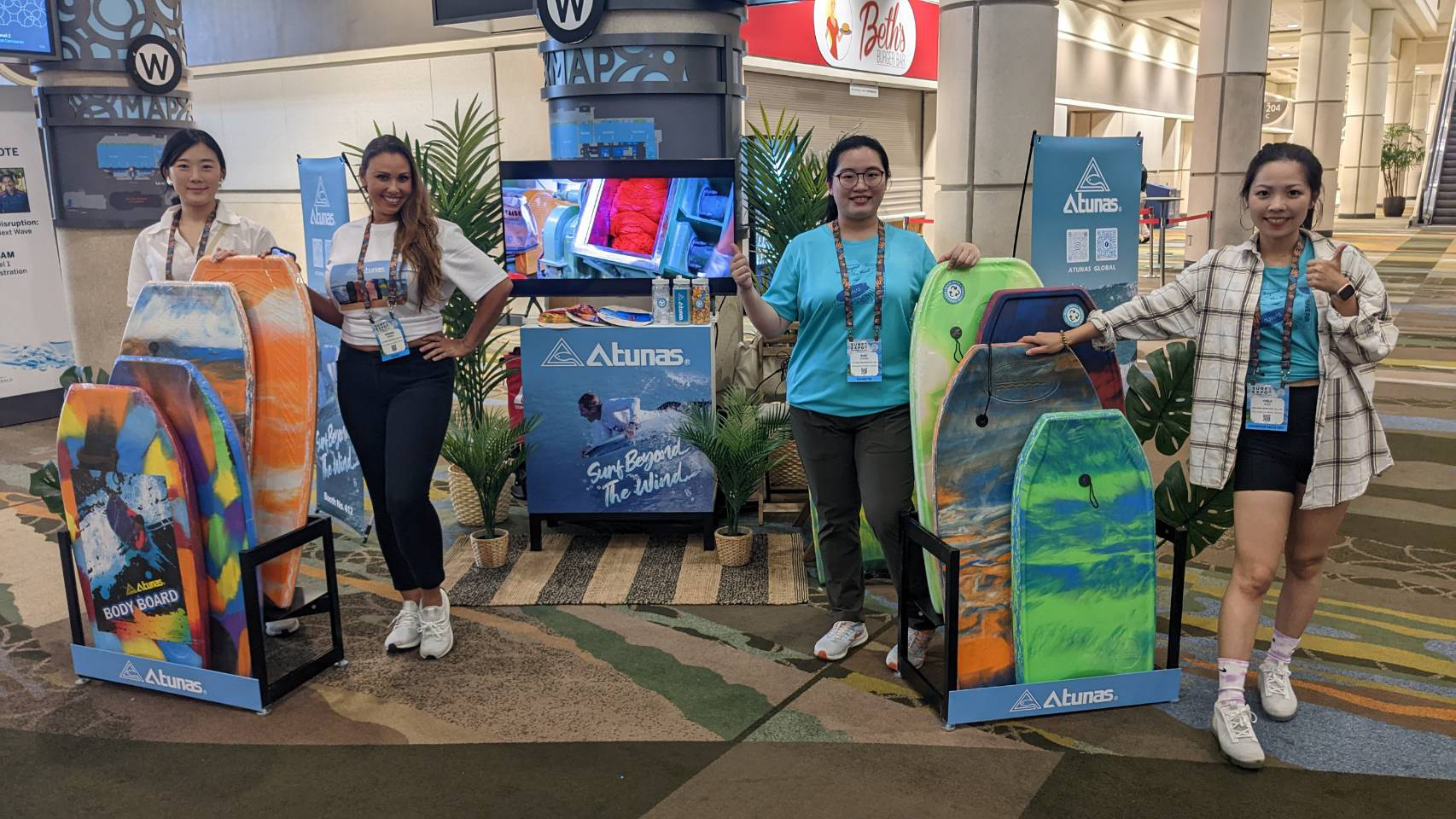 PSM EVENT IN SURF EXPO 2022 | The post-show mixer showcases ATUNAS bodyboards in the main entrance in the surf expo hall.