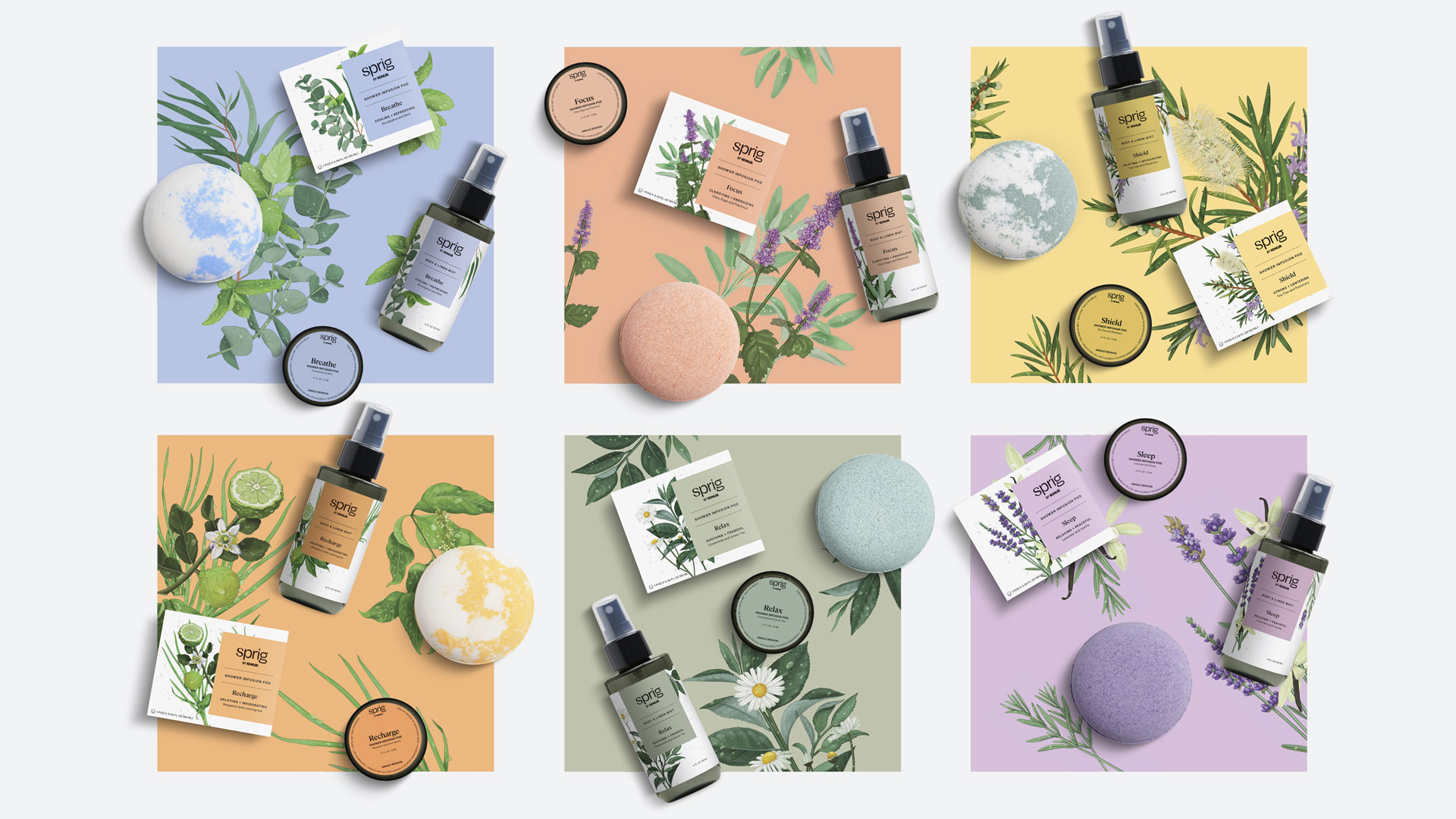 Sprig's clean, botanical blends are designed to match your moments throughout the day and are available in shower infusion pods, premium bath bombs, and versatile body & linen mists.