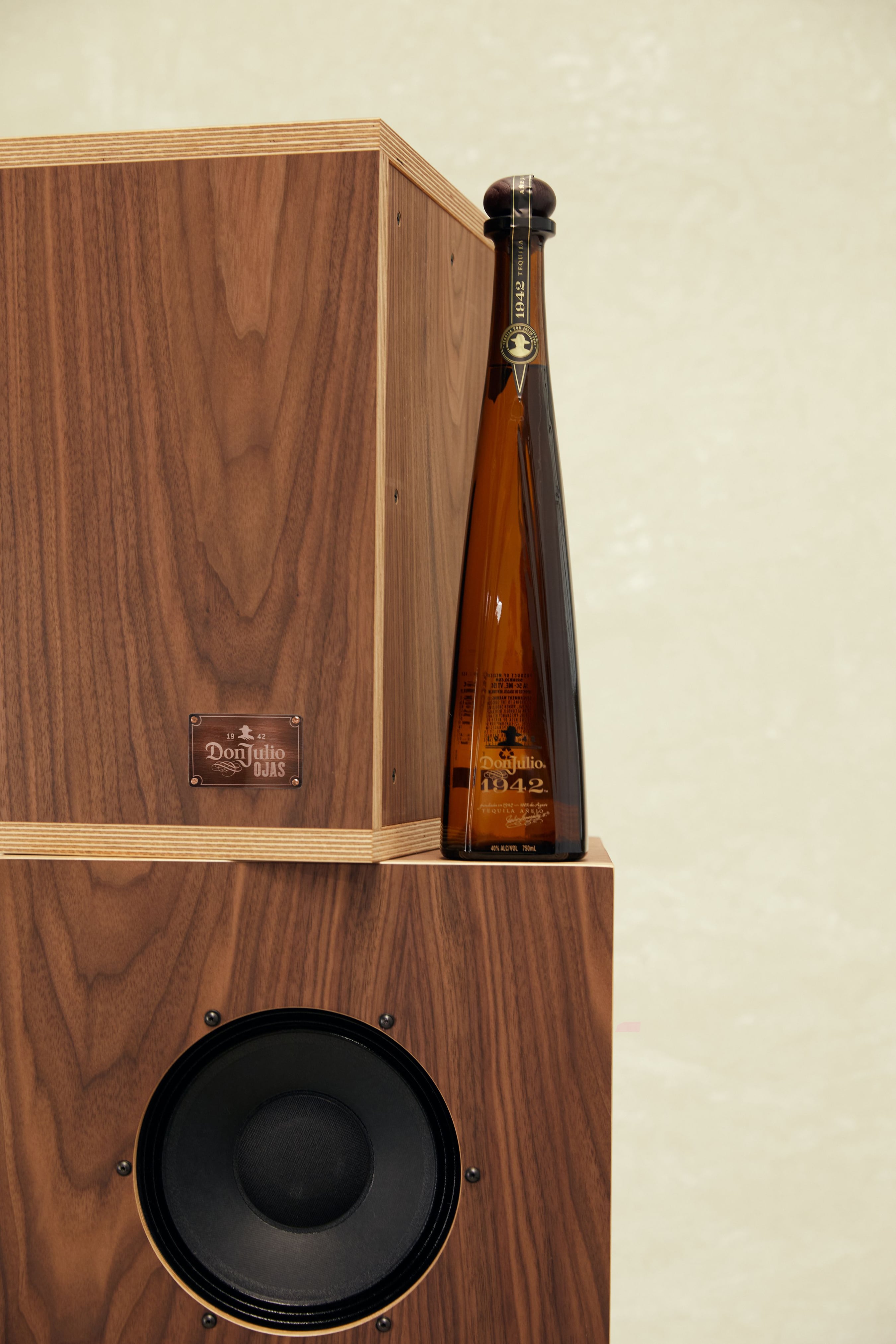 Tequila Don Julio 1942 x OJAS Artbook Shelf Speakers, inspired by the aesthetics of the iconic tall bottle.