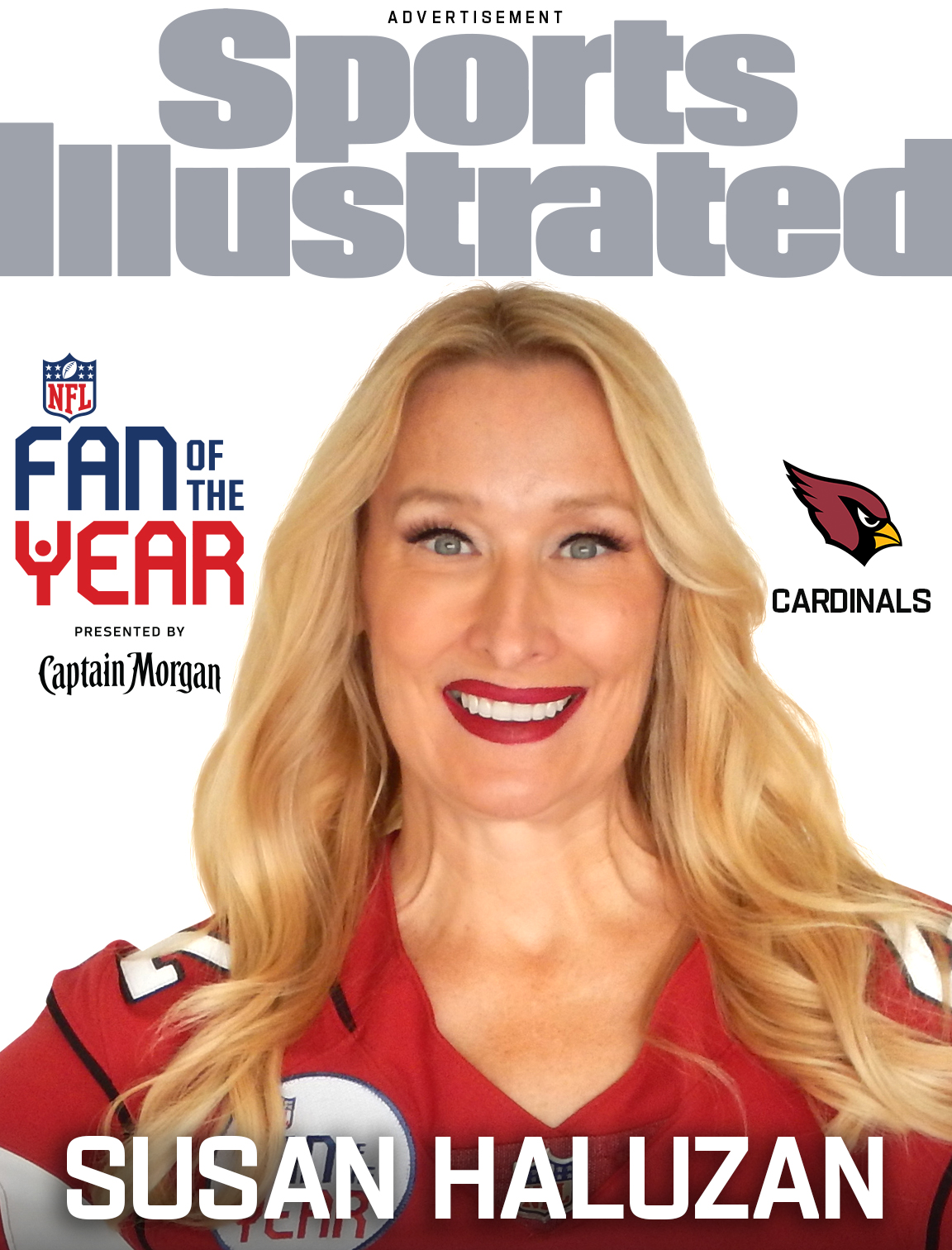 Arizona Cardinals Fan of the Year Susan Haluzan will appear in a high-impact cover peel ad execution and custom spread creative in the February issue of Sports Illustrated.
