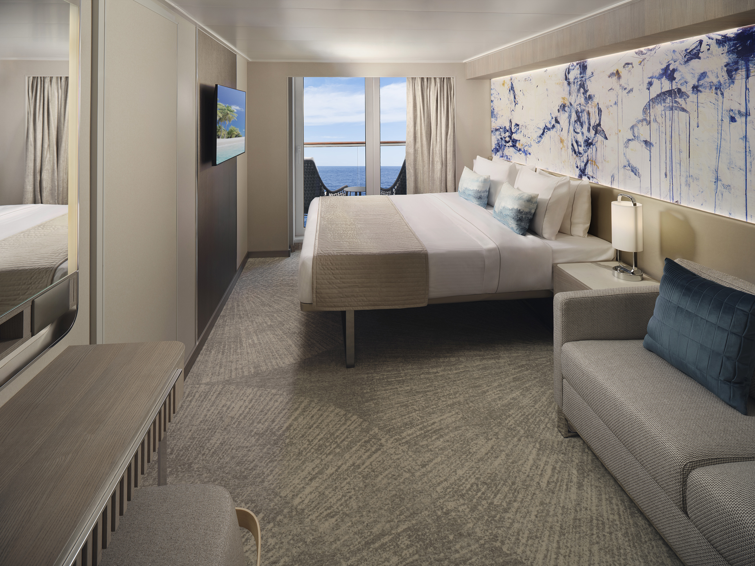 Norwegian Viva’s balcony staterooms offer a relaxed atmosphere with spacious designs, innovative storage options and new murals by American artist Patti Parsons exclusively designed for NCL’s newest ship.