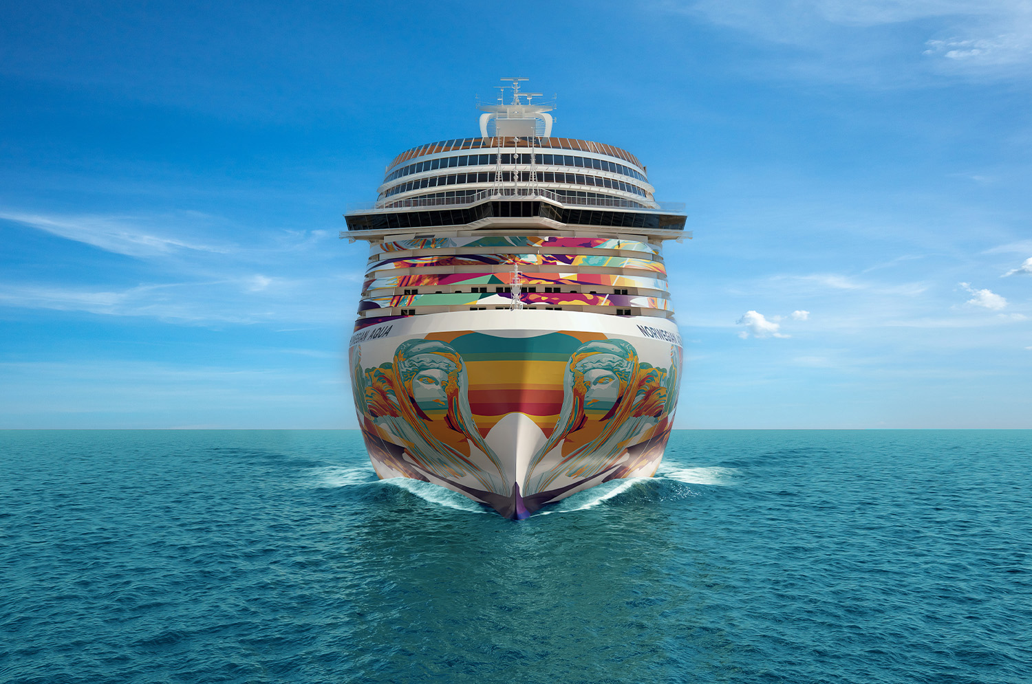 World-renowned artist Allison Hueman will showcase her colorful design “Where the Sky Meets the Sea” across Norwegian Aqua’s hull, making her the Company’s first major female hull artist.