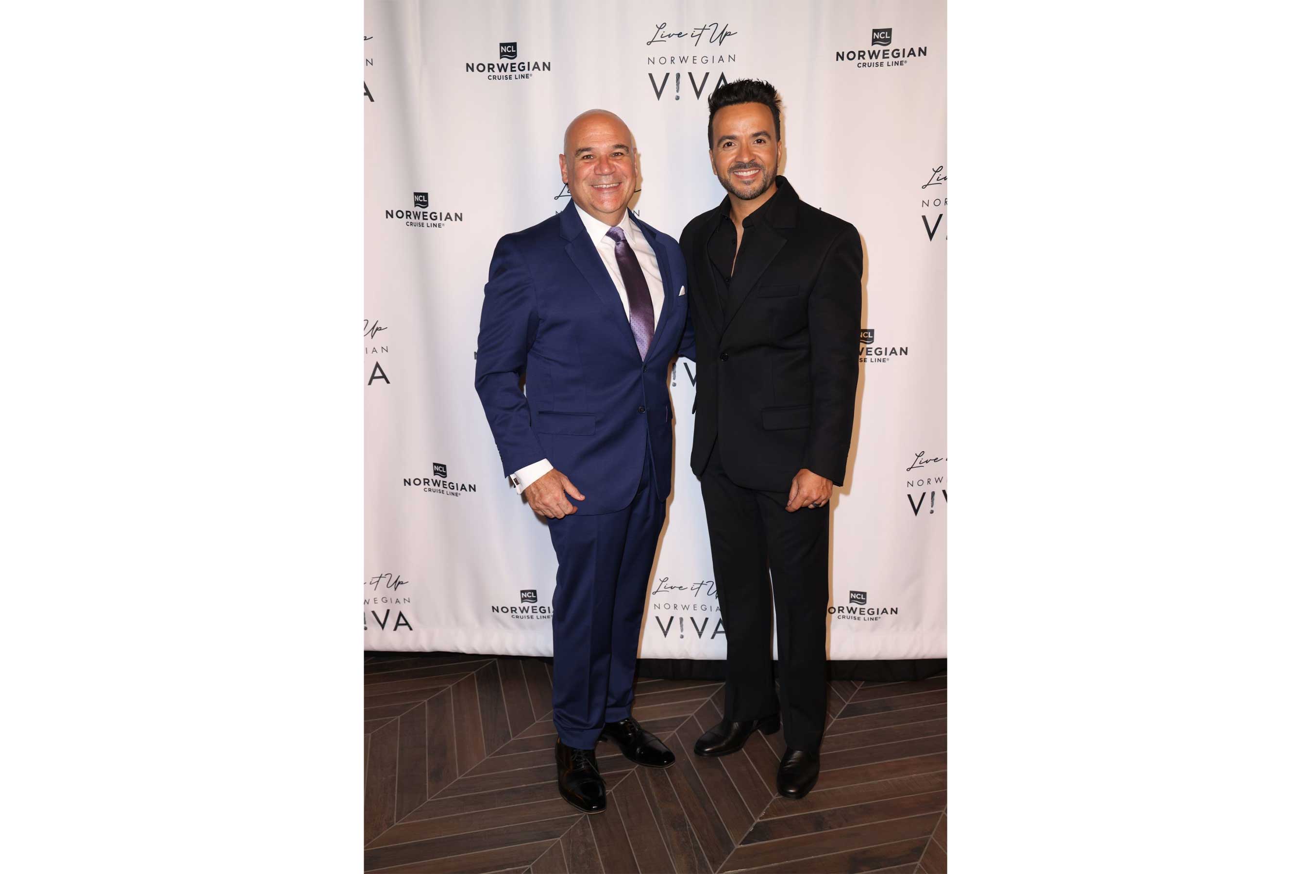 Luis Fonsi, global music sensation and appointed godfather to Norwegian Viva, with Norwegian Cruise Line President, David J. Herrera.