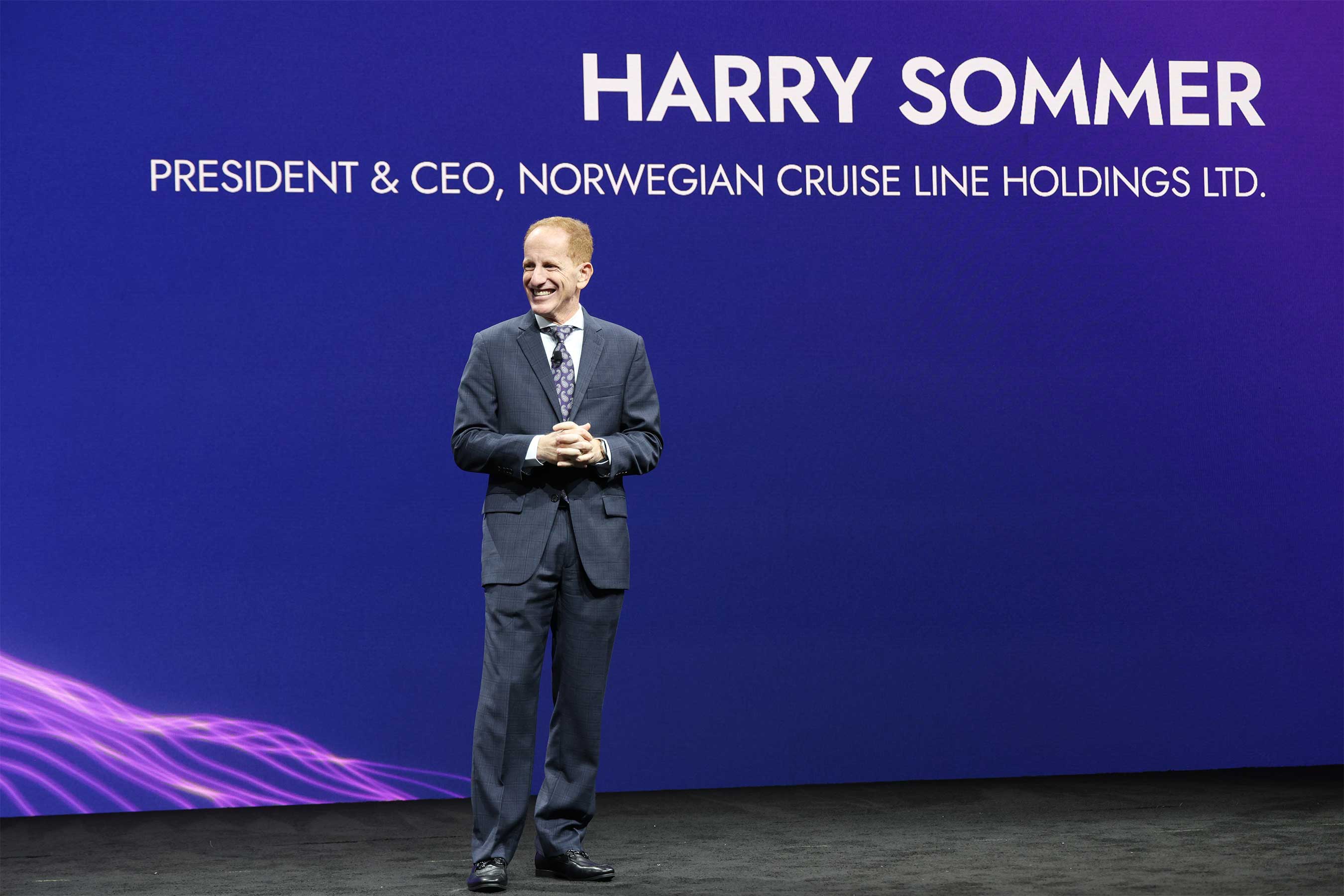 Harry Sommer, President and CEO of Norwegian Cruise Line Holdings Ltd., joins the stage for Norwegian Viva’s christening ceremony in the Company’s LEED Gold-certified cruise terminal in Miami.