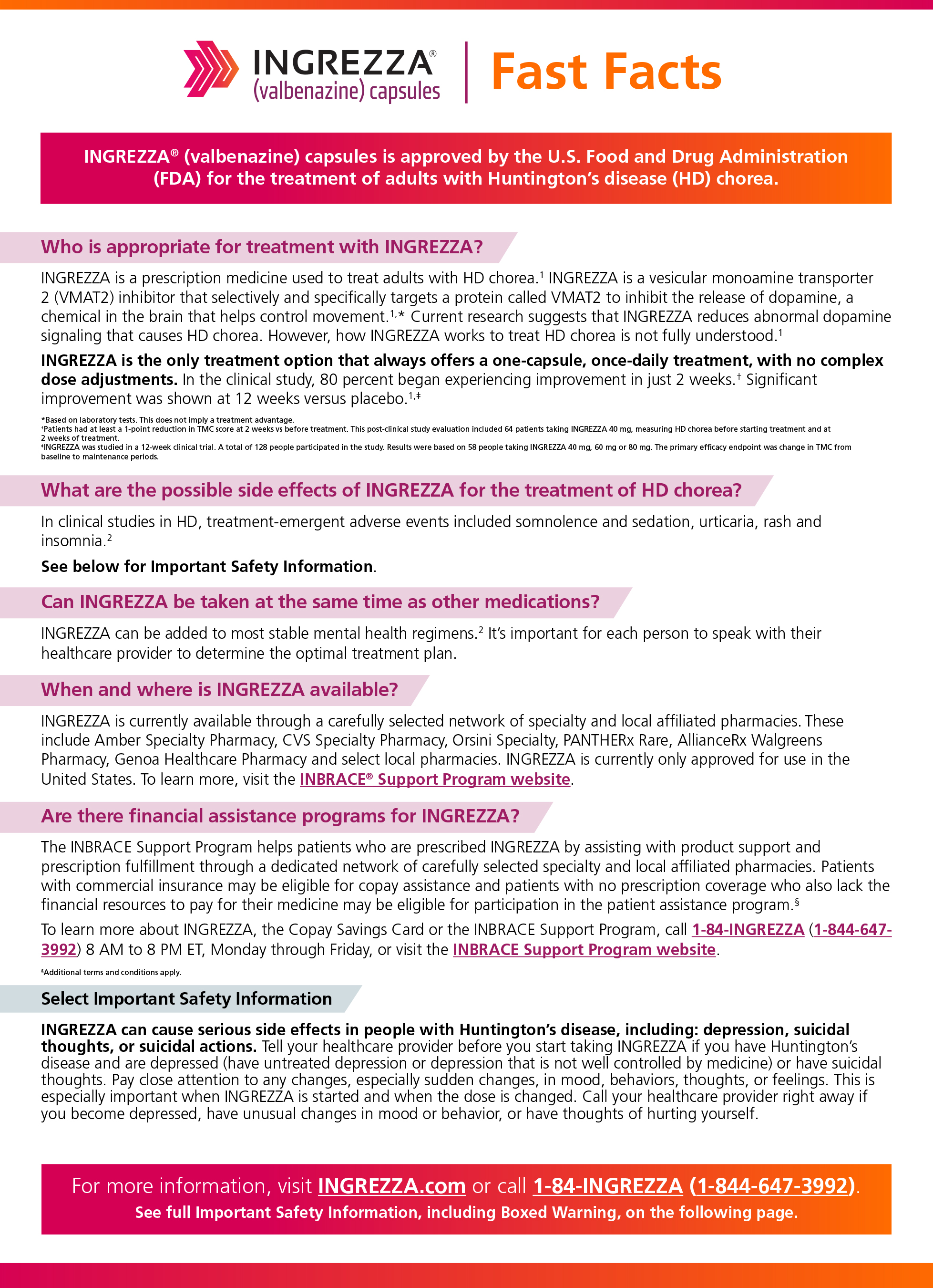 Fact sheet containing questions and answers about INGREZZA’s FDA approval