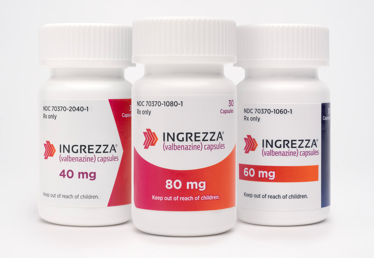 INGREZZA (40 mg, 60 mg, 80 mg) product images.