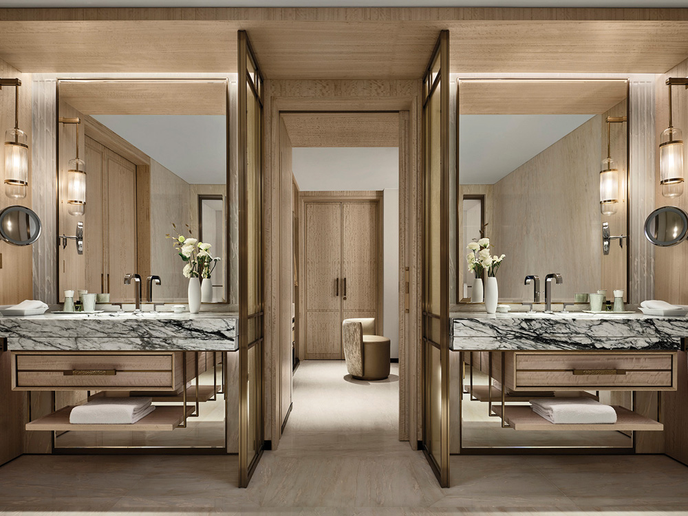 The bathroom is an urban retreat with his and hers vanities (Credit to Marina Bay Sands)