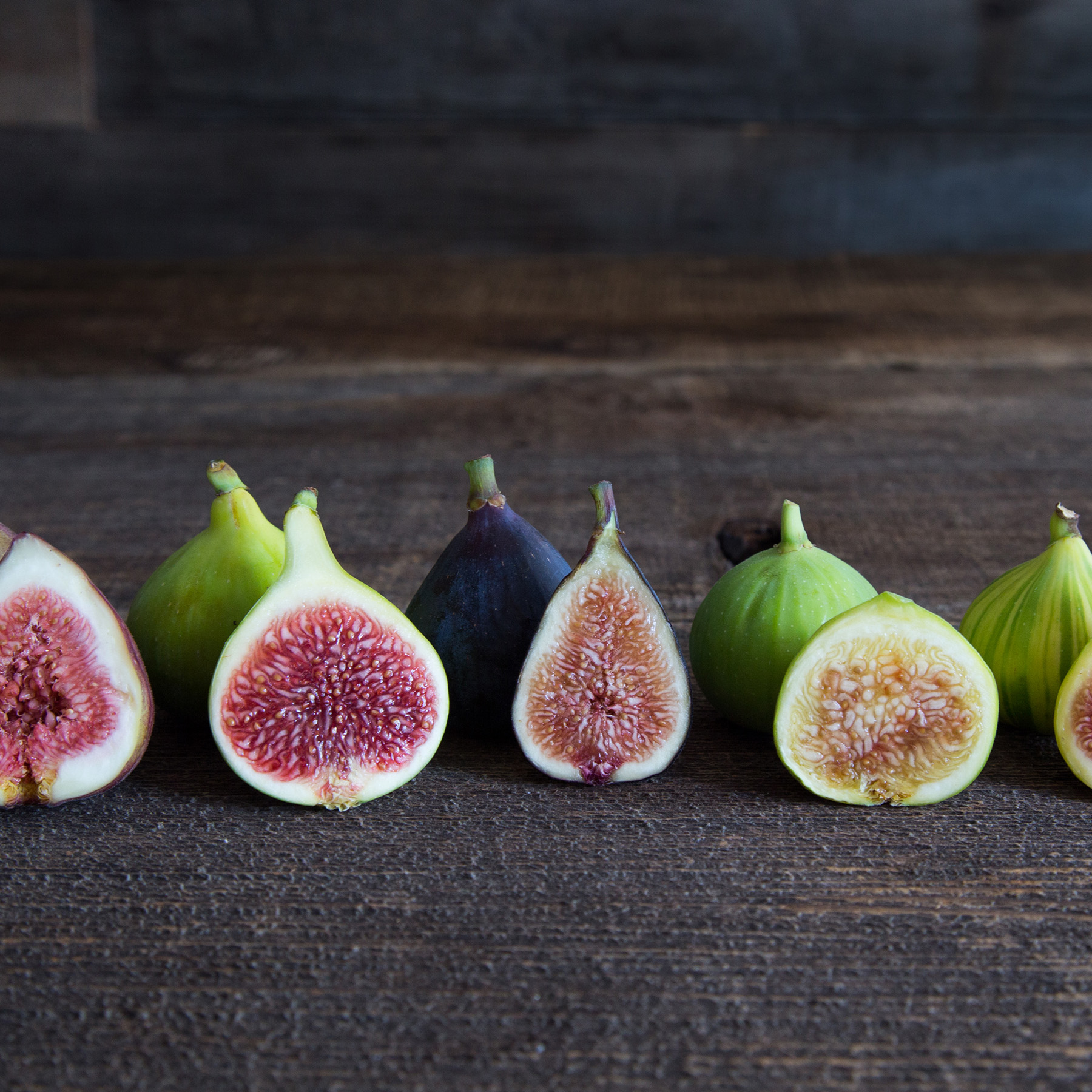 There are five primary types of California Fresh Figs (from left to right): Brown Turkey, Kadota, Mission, Sierra and Tiger.