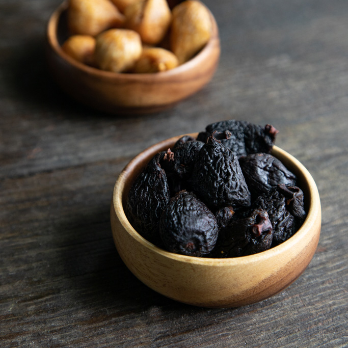 There are two primary types of California Dried Figs: Mission (front) and Golden (back).