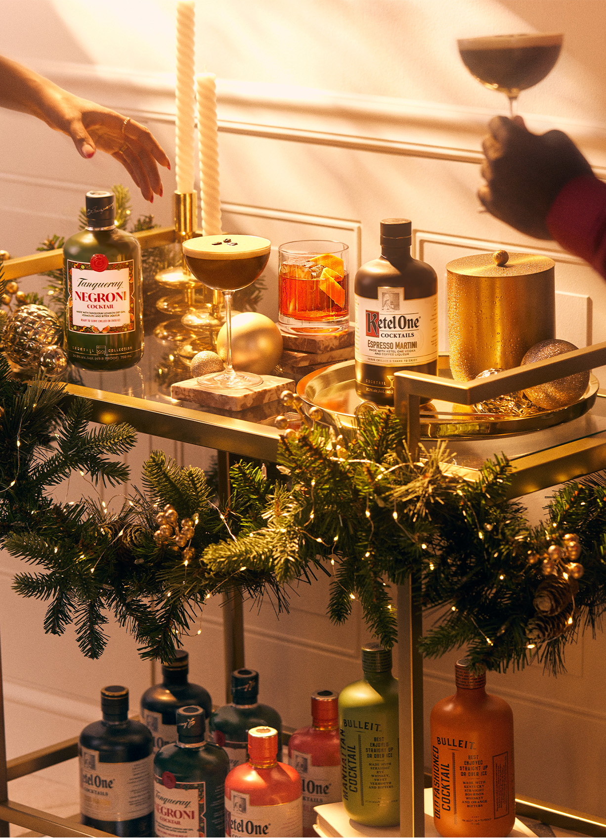Festive Holiday Bar Cart Featuring Classic Cocktails from The Cocktail Collection