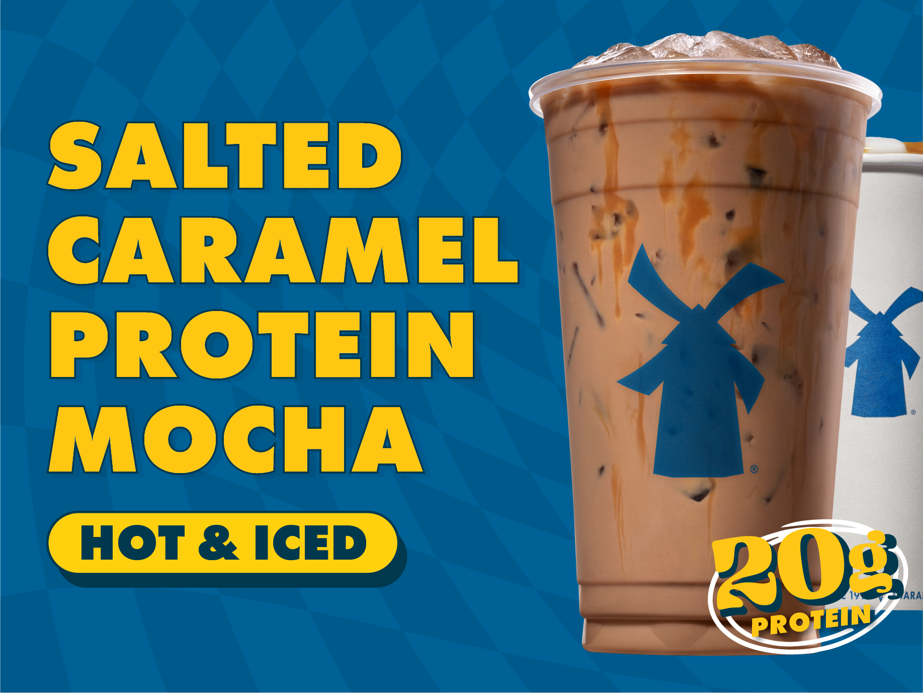The Salted Caramel Protein Mocha features a blend of salted caramel flavor, espresso, chocolate sauce, protein milk, topped with caramel drizzle