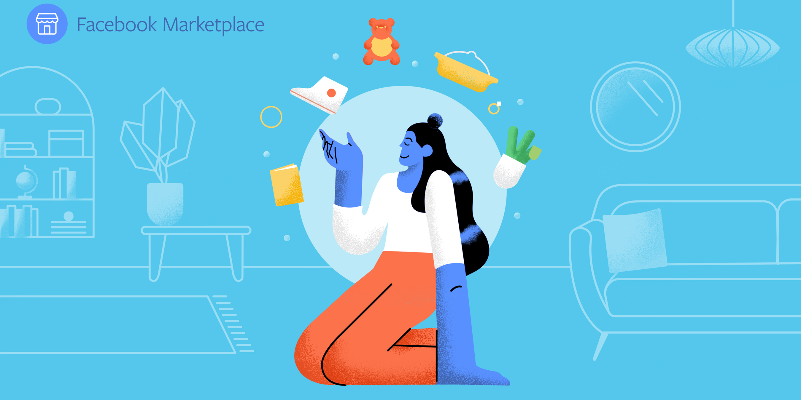 Graphic of woman sitting down with marketplace items