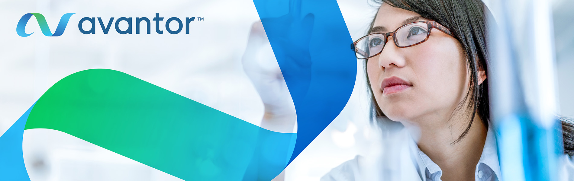The new swirly avantor logo superimposed on a female scientist who is looking at something intently.