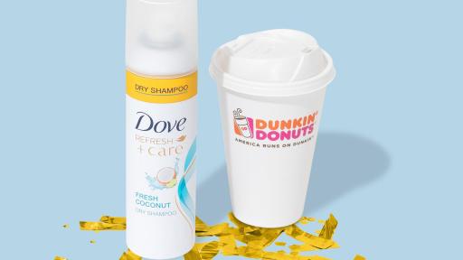 Dove Dry Shampoo and a cup of coffee on a powder blue background