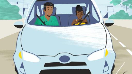 Animation of a daughter taking her first drive with her father.