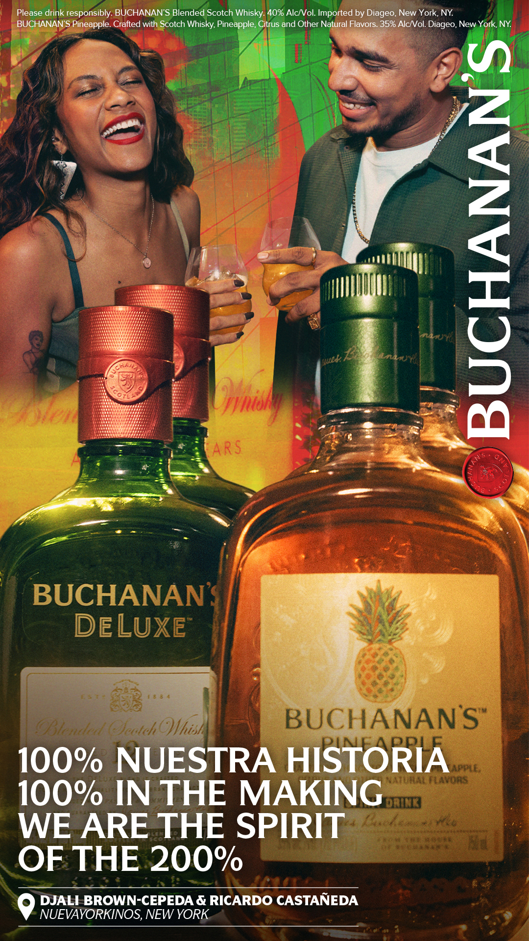 Djali Brown-Cepeda and Ricardo Castañeda de NuevaYorkinos en la campaña navideña de Buchanan’s Whisky representando a los 200%ers de Nueva York.