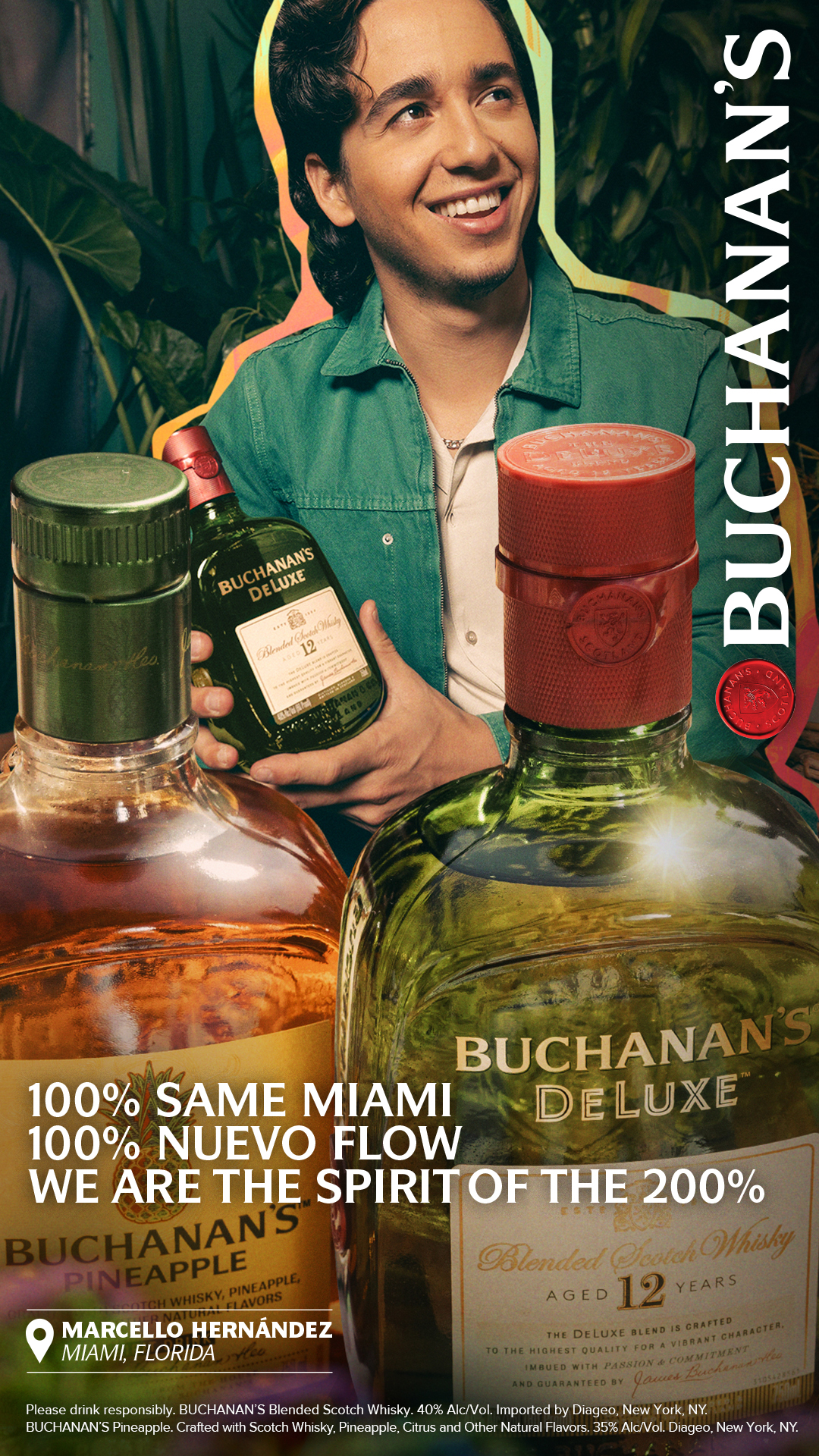 Marcello Hernández de Saturday Night Live en la campaña navideña de Buchanan’s Whisky representando a los 200%ers de Miami, Florida.