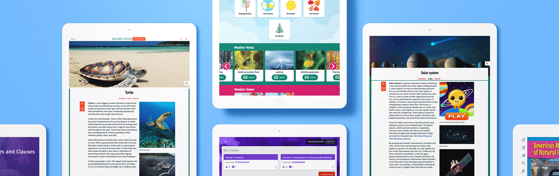 Tablet devices with World Book pages on screen
