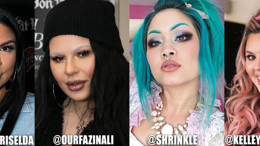 Évènement de lancement de la collection Sourcils Kat Von D Beauty au Château Marmont, avril 2018. Griselda (à l’extrême gauche) porte un crayon à sourcils de précision Signature en marron foncé. Ourfa, Shrinkle et Kelley portent toutes une pommade pour sourcils longue tenue 24 heures Super Brow dans des teintes (au centre, de gauche à droite) : Bleached et White Out, vert Lemmy et bleu Satellite, magenta et White Out.