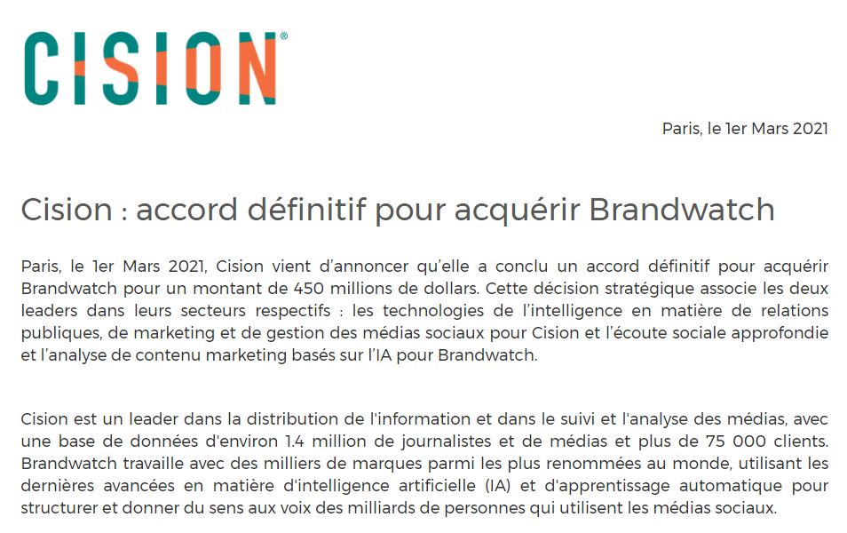 Rachat de Brandwatch par Cision
