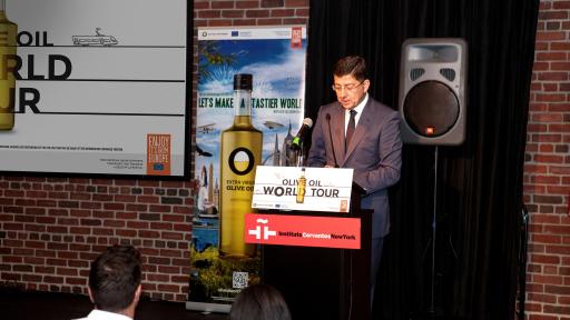 Image of speaker at Olive Oil World Tour presentation in the Instituto Cervantes of New York