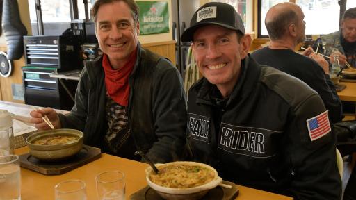 Image of Leading members of Eagle Rider warm up with miso hotpot and stir-fried noodles at Sena Teahouse &ldquo;Road Station&rdquo; in Sena, Shirayama.
