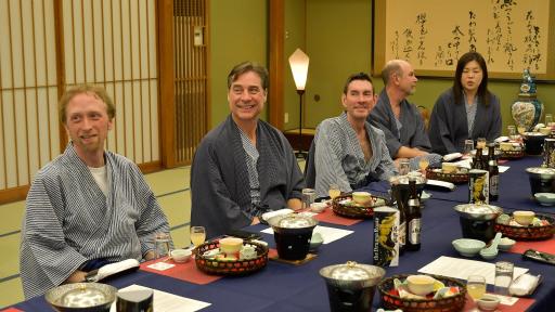 Image at Hotel Tadaya in Wakura Onsen (Hot Springs)  &ndash; the group enjoying a variety of dishes including fresh fish and shell fish and the Japanese-style food of Noto Peninsula.
