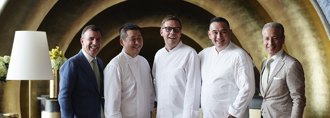 Image of Anthony Costa, MD of Burj Al Arab, Chef Kim Joine Maurin, Chef Kasper Kurdahl, Chef Francky Semblat and Jose Silva, CEO of Jumeirah Group