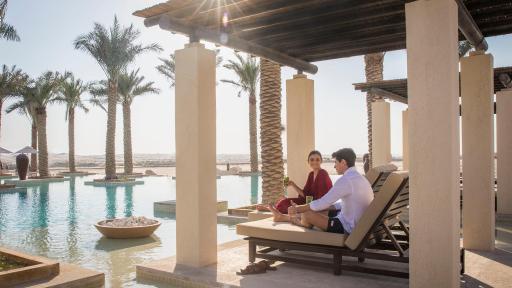Tranquil outdoor area looking out on to the mesmerising desert landscape of Abu Dhabi, at the Jumeirah Al Wathba Desert Resort & Spa.