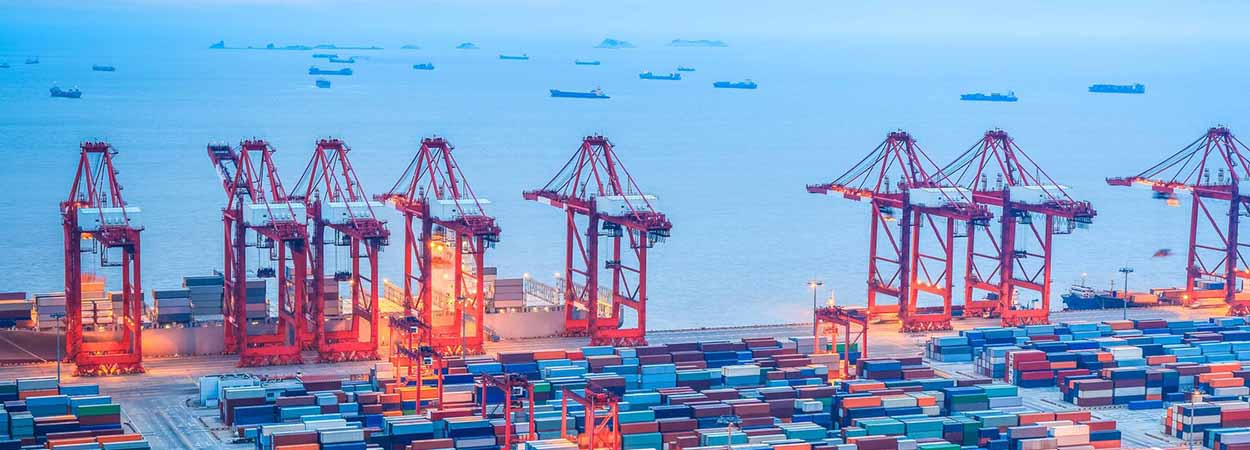 Image of container port with ships in distance