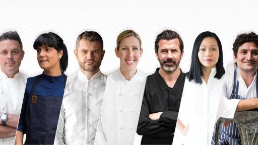 Image of The 7 Sages. From left to right: Gavin Kaysen, Manu Buffara, Enrico Bartolini, Clare Smyth, Andreas Caminada, Pim Techamuanvivit, Mauro Colagreco.
