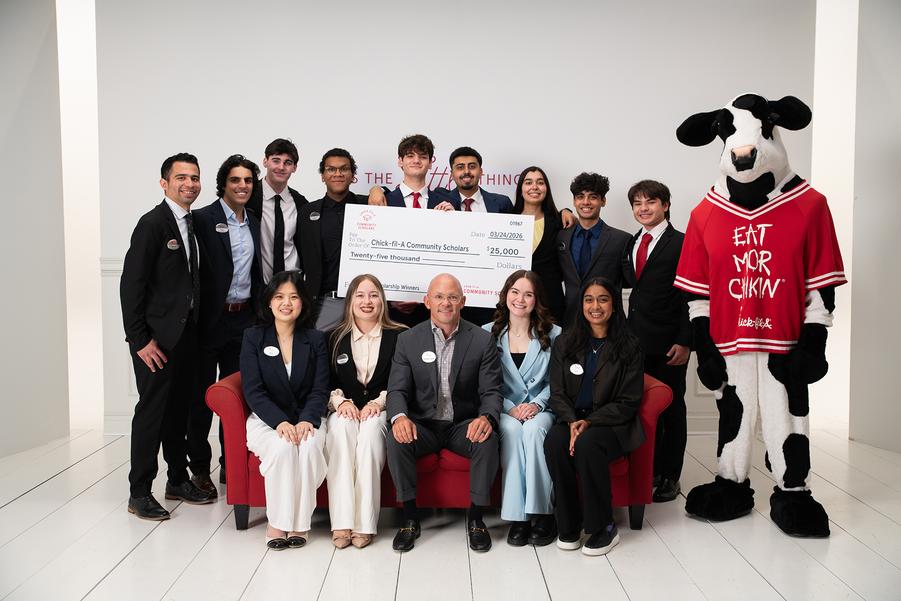 Chick-fil-A CEO Andrew T. Cathy with 2026 Chick-fil-A Community Scholars, who he surprised at the company’s Support Center in Atlanta. Chick-fil-A CEO Andrew T. Cathy with 2026 Chick-fil-A Community Scholars, who he surprised at the company’s Support Center in Atlanta.