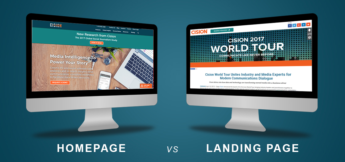 Homepage and landing page on computer screens