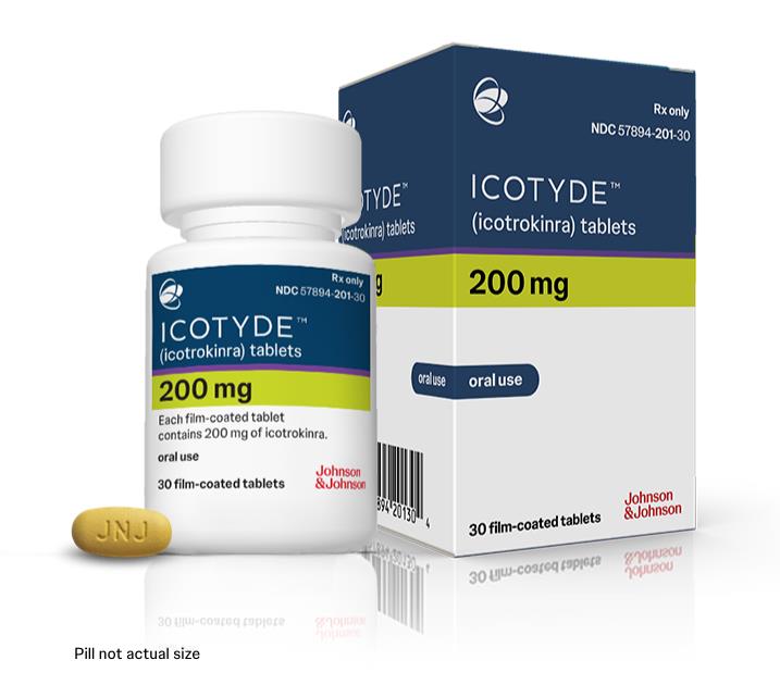 Product shot including the pill, the bottle, and the box of ICOTYDE