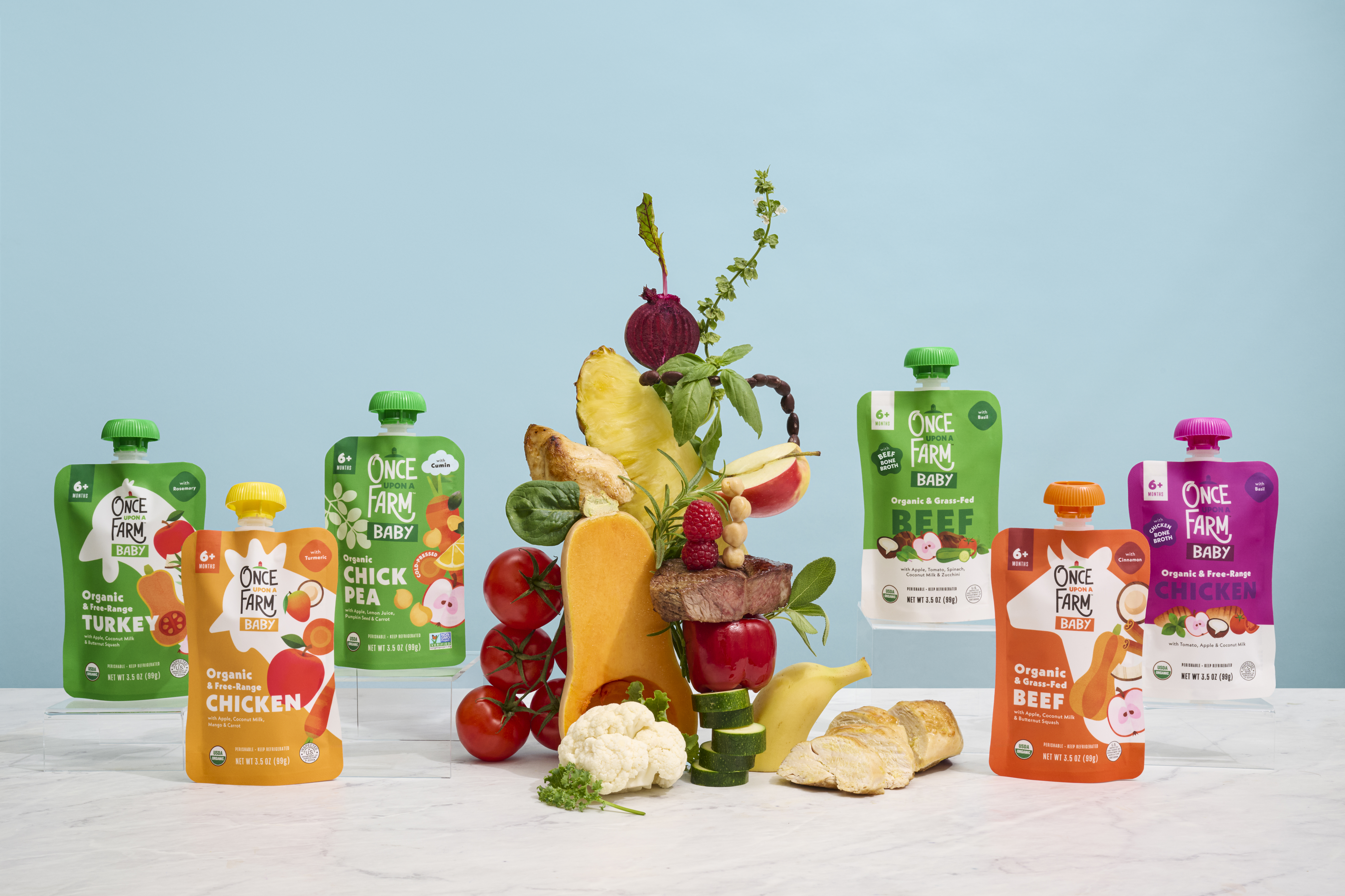 Meat, Meat & Bone Broth and Legume Blends mark the next evolution of Once Upon a Farm’s signature pouches as the brand’s first-ever refrigerated, cold pressure protected meat pouches for babies.