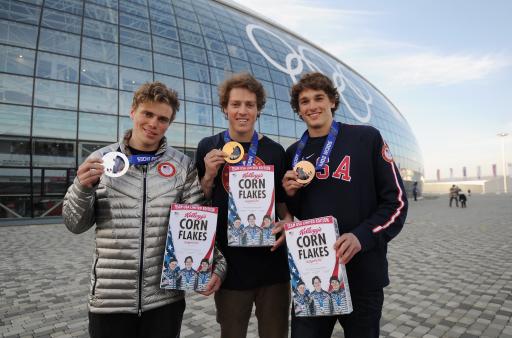 Joss Christensen, Gus Kenworthy and Nick Goepper with special-edition Kellogg’s Corn Flakes box