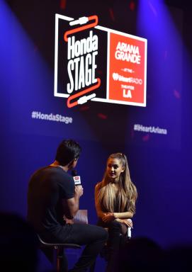 Ariana Grande is interviewed during her Honda Stage performance at the iHeart Radio Theatre